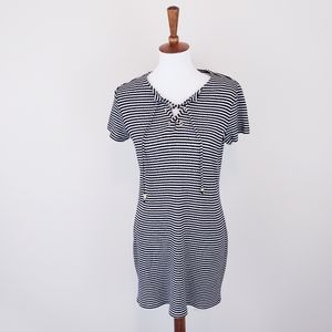 Michael Kors Black White Stripe T Shirt Mini Dress Short Sleeve V Neck Small